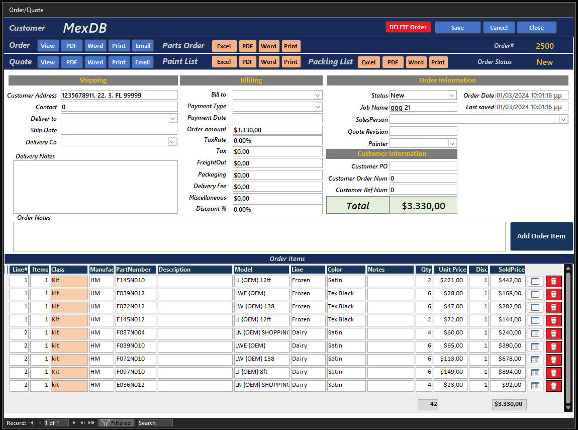 Order screen